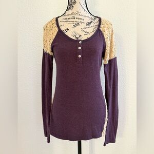 Sanctuary Purple Lace Detail Thermal Henley Long Sleeve Top Size L